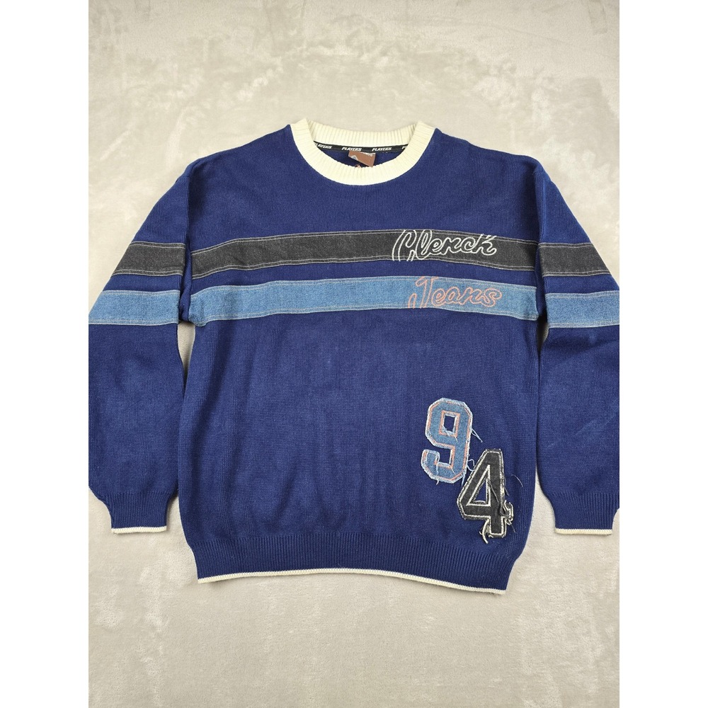 Vintage Clench Sweater Mens XL Blue Denim Trim Striped Crewneck 90s Hip Hop Read
